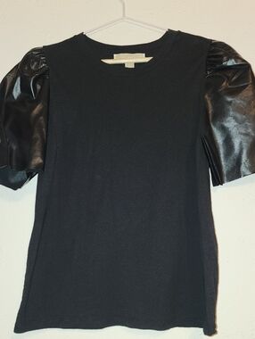 Michael Kors Black Puff Sleeve Tee with Faux Leather Accents